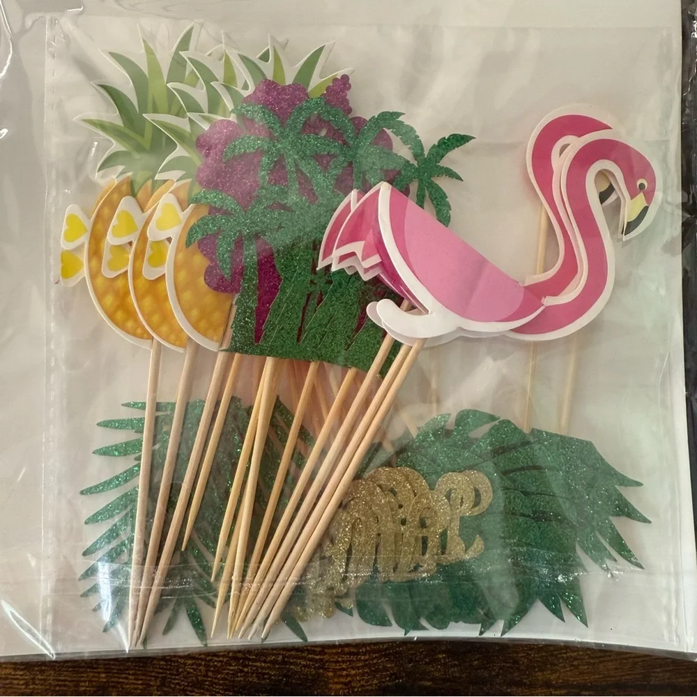 25 Pack Tropical Luau Cupcake Toppers with Happy Birthday Flamingo Cake Topper